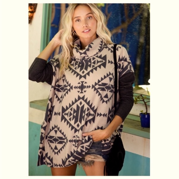 ✌🏼 #2034 Brushed Boho Southwest Vibes Aztec Cowl Neck Top - Picture 7 of 16